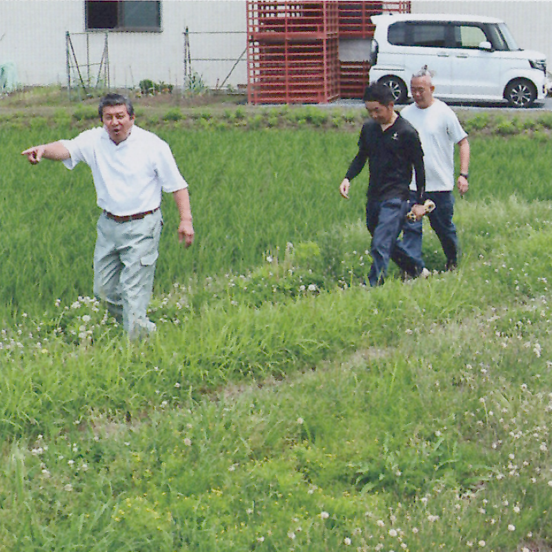 三重県桑名の農家さんの写真。田んぼの横を歩いています。
